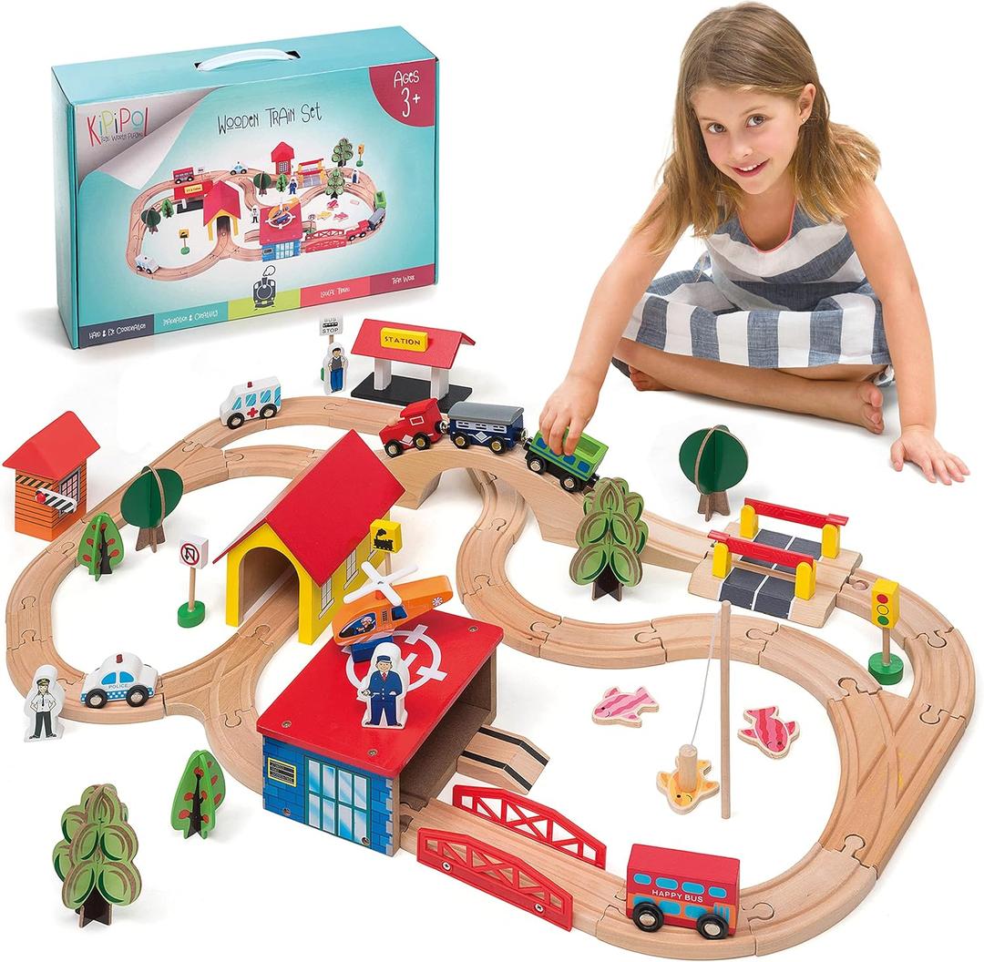 Wooden Train Set - 69 Pieces Wooden Train Tracks & Trains for Kids, Toddler Boys and Girls 3,4,5 Years Old and Up Premium Wood Construction Toys -Fits Thomas, Brio, IKEA, Melissa and Doug