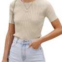 ZESICA Women's Short Sleeve Sweater Tops 2025 Summer Crewneck T Shirt Ribbed Knit Slim Fit Basic Solid Color Tee (Large, Almond)