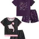 MyFav Young Girls Pajama Cute Cat Pattern Nighty Comfy Shorts Cotton Sleepwear (Purple)