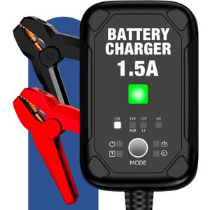 1.5A 6V/12V Car Battery Charger – Automatic Trickle Charger, Battery Maintainer with Overcharge Protection & Temperature Compensation – for Lead Acid, AGM, Gel, Lithium Batteries