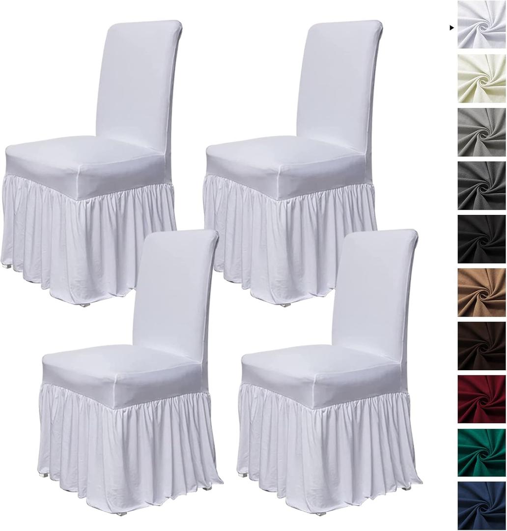 molasofa Chair Covers for Dining Room Set of 4 Stretch Chair Slipcovers with Skirt for Kitchen Seat Protectors Wedding Banquet Decor Kids Pets Spandex Fabric Washable (4pcs, White)