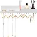 29 Hooks Wall Mount Necklace Holder Organizer, White Decorative Wood Jewelry Shelf with Gold Metal Wave Bar and Guardrail for Necklace, Pendant, Chain, Bracelet, White