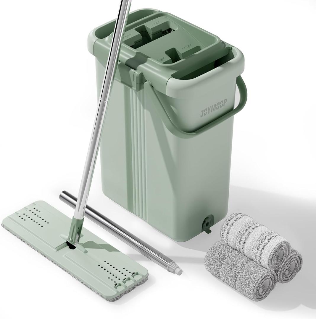 JOYMOOP Mop and Bucket with Wringer Set, Flat Squeeze Mop with Bucket (X-Large), Dust Mop for Wall Cleaner with Long Handle, Microfiber Mop - Green Bucket with 3 Reusable 15" Pads