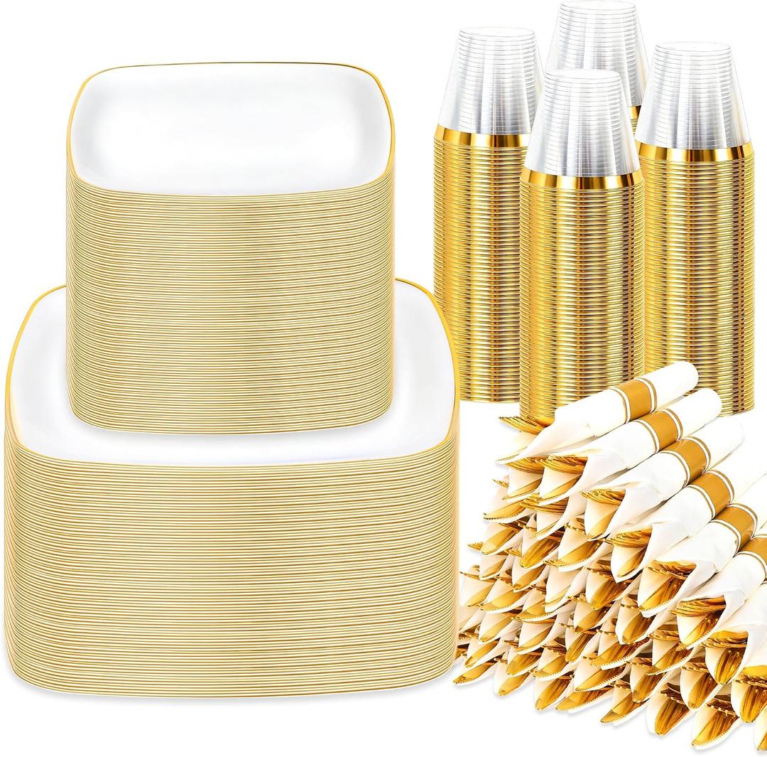 Sylans 700PCS Square White Plastic Plates with Gold Trim for 100 Guests | White and Gold Plates Disposable Dinnerware Set Square, 200 Plates, 100 Rolled Napkins Cutlery, 100 Cups for Party & Wedding