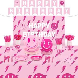 TWOWYHI 183 Pieces Preppy Birthday Party Decorations for 24 Guests Preppy Tablecloth Paper Plates Napkins Forks Knives Spoons Banner for Birthday Theme Party