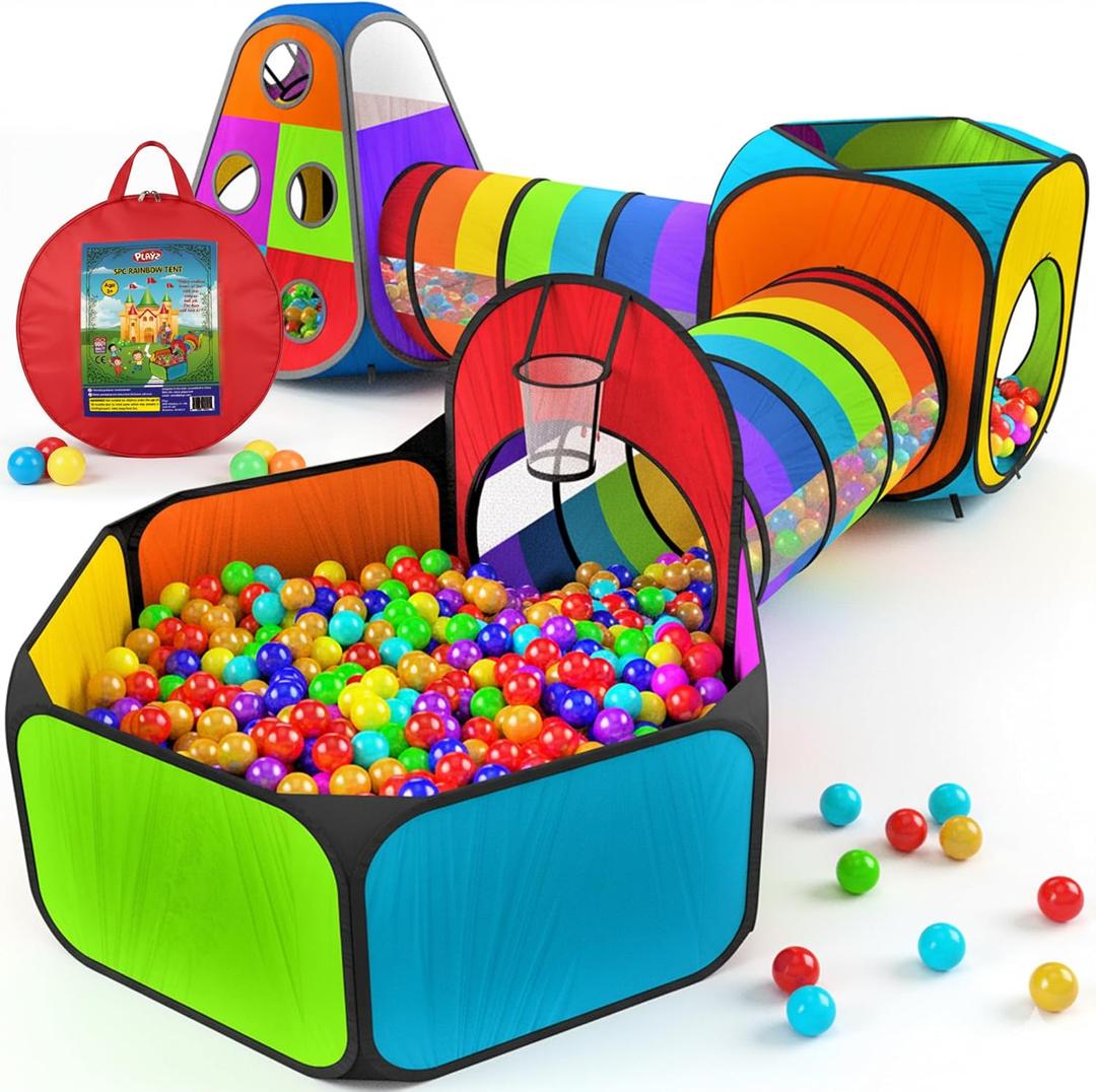 Playz 5pc Kids' Play Tents & Tunnels - Ball Pit for Toddlers, Basketball Hoop, Crawling Tubes, Pop-Up Playhouses, Baby Obstacle Course for Indoor or Outdoor Use