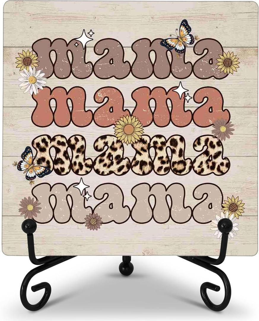 Christmas Gifts for Mom from Daughter Son, Retro Leopard Print Flower Mama Wood Plaque with Iron Stand for Home Office Living Room Bedroom Decor, Gifts for Grandma Aunt - C01