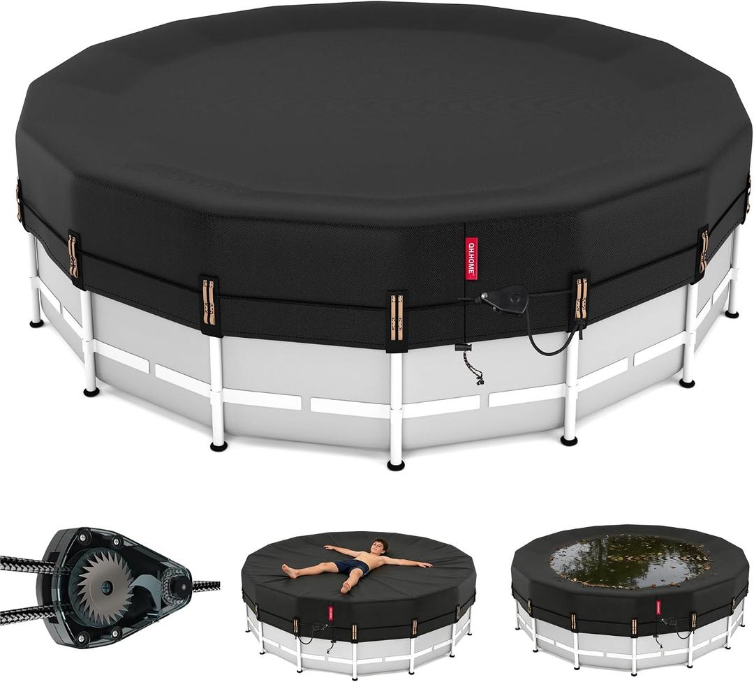 QH.HOME 15ft Round Pool Cover,[Ultimate Windproof & Tear-Resistant Fabric],Snug Fit with Patented Ratchet & Weight Rings,Solar Pool Cover for Above Ground Pools, Blocks Leaves &Waterproof