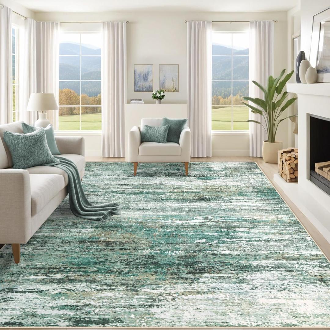 8x10 Area Rugs for Living Room, Washable Modern Abstract Large Area Rug Neutral Soft Non Slip Kids Rug Stain Resistant Indoor Carpet for Bedroom Dining Room Playroom Home Office(Green, 8'x10')