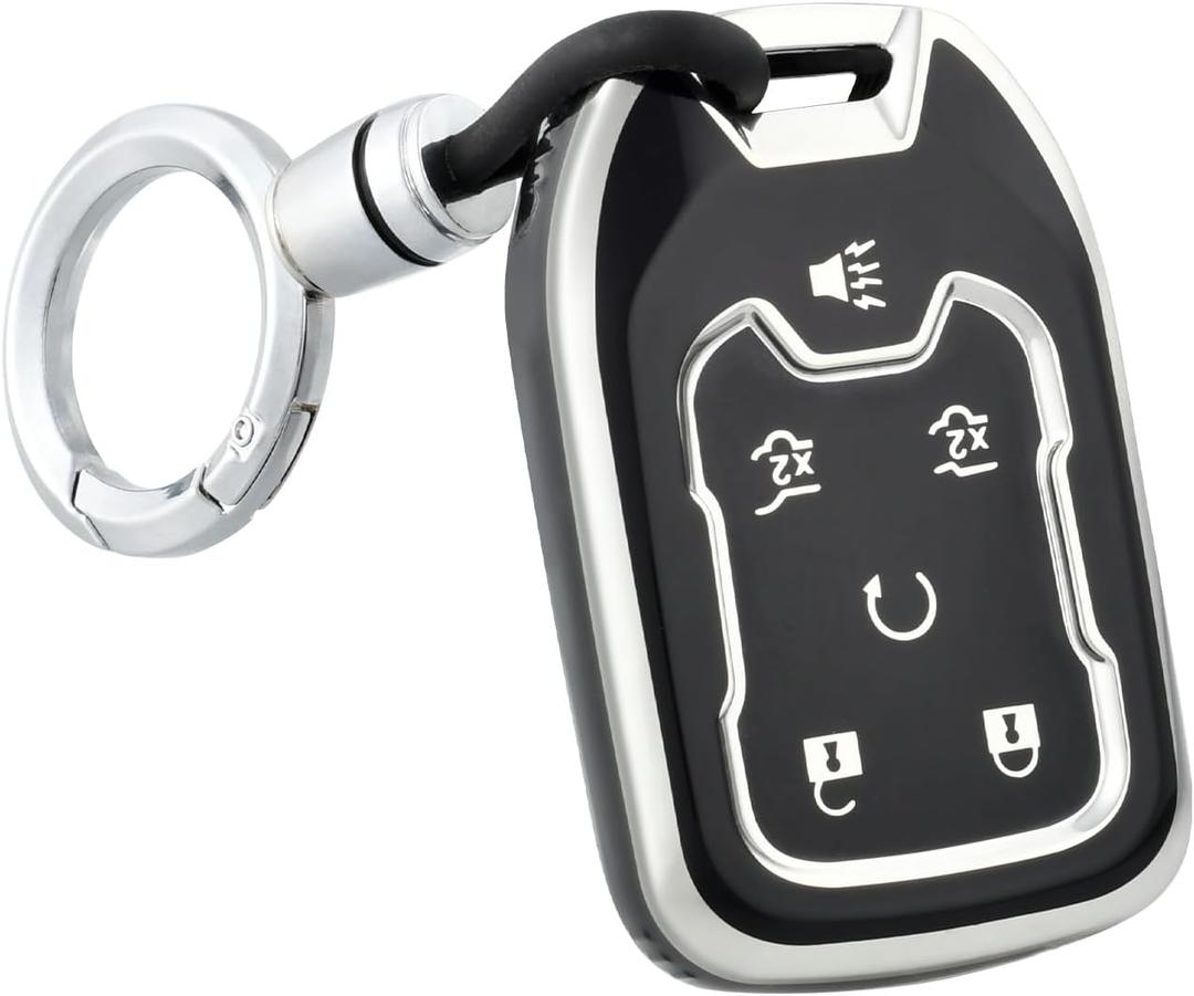 OFFWEGO for GMC Key Fob Cover with Silver Keychain,Soft TPU Key Case Protection fit GMC Chevy Chevrolet Suburban Tahoe Acadia Terrain Yukon XL Smart Key Fob Holder, Black