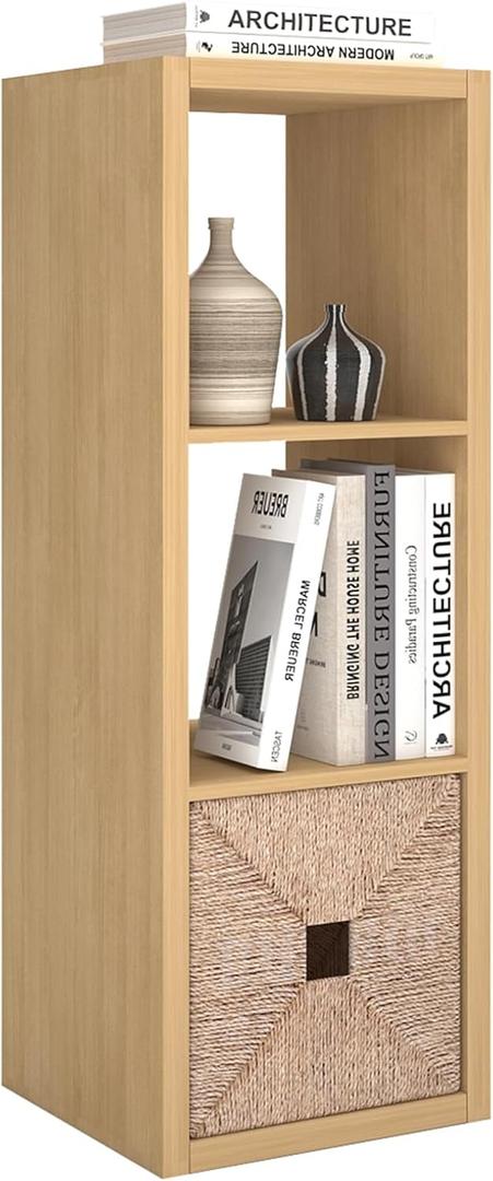 CTESNE2026 Wooden Thick Frame 3 Cube Storage Organizer Shelf with Anti-Tipping Kits + Reversible Open Back Bookcase, Horizontal and Vertical Dual-useOak Color,11inch