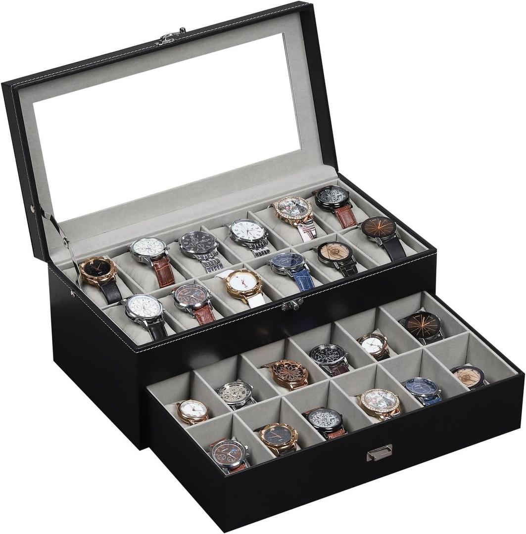 AUTOARK Leather & Velvet 24 Watch Box Glass Top Jewelry Display Drawer Lockable Case Organizer,Removable Grey Watch Pillows,Black,MKAW037
