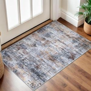 IOHOUZE Small Abstract Area Rug 2x3 Ft Entryway Rugs Washable Door Mat Indoor Entrance, Rubber Backed Throw Rugs, Printed Faux Wool Non Slip Floor Carpet for Foyer Front Door Sink, Orange Grey (2' x 3' (Rectangular), Orange/Brown/Grey)