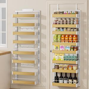 8 Tier Over The Door Pantry Organizer, 2 IN 1 Wall Mount or Hanging Spice Rack Seasoning Shelves with Adjustable Basket, Back of Door Organizer and Storage for Kitchen Cabinet and Room Closet (White)