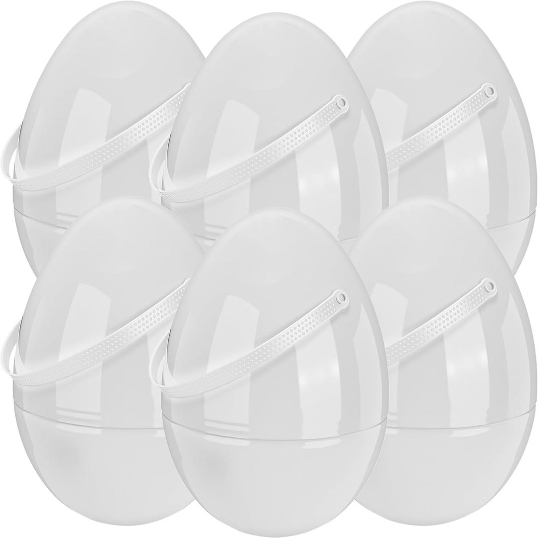 6 Pack 8 Inch/ 10 Inch Jumbo White Easter Eggs Fillable Giant Plastic Blank Easter Eggs Containers with Handle for DIY Craft Hunt Game Basket Stuffers Easter Party (White with Handle (10 Inch ))