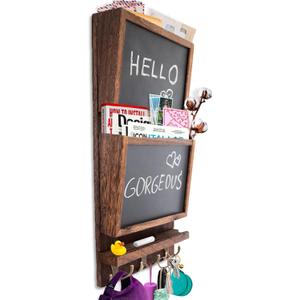 Rustic 2-Slot Mail Sorter Organizer for Wall with Chalkboard Surface & 3 Double Key Hooks - Wooden Wall Mount Mail Holder Organizer  Wall Decor for Entryway Made of Paulownia Wood - Torched Brown