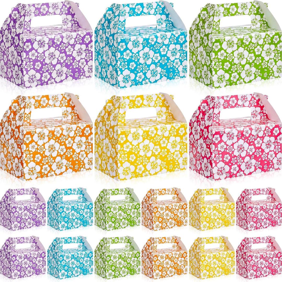 AmazingSpark 48 Pack Hibiscus Floral Gift Boxes with Handles, 5.9 x 3.54 x 3.54 Inch Hawaiian Tropical Treat Gable Boxes for Hawaiian Luau Theme Party Favor Supplies