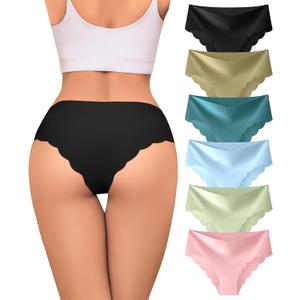 Sexy Seamless Underwear Wave Edge No Show Bikini Panties V-waist Ice Silk Hipster Lady Cheeky Invisibles Briefs 6 Pack (Medium)
