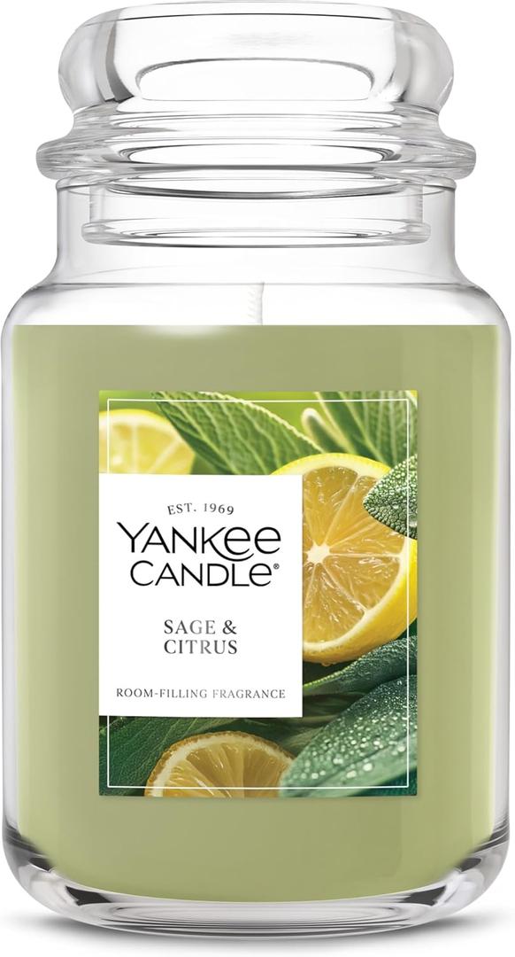 Yankee Candle Sage & Citrus, Scented Candle, 22 Oz Large Jar With Up To 150 Hour Burn Time, Giftable, Birthdays (Green)
