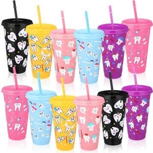 12 Pcs Dental Hygiene Appreciation Gifts Dental Hygiene Plastic Tumbler Bulk with Straw and Lid 24 oz World Oral Health Day Party Favors Reusable Plastic Cups for Office Home Nurse