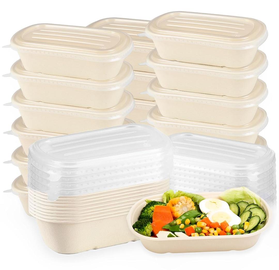 Cheardia 50 Pack Take Out Food Containers with PP Lid, 23 oz Disposable Cardboard Meal Prep Containers Bagasse Paper Bowls Soup Serving Bowls for Salad, Leftovers