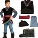 MORROWIND Kids 5 Pieces Medieval Costume Brown Tunic Top Pants Belt Hat Boot Covers Full Set Halloween Cosplay Outfit (Large)