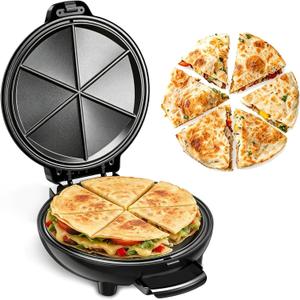 Electric Quesadilla Maker, 9.5'' Quesadilla Press with Extra Stuffing Latch, Easy Slice 6 Wedge, Grilled Cheese Corn Flour Tortilla Snacks, Nonstick Plates, Easy to Clean, Non-Slip Feet, Black