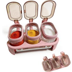 3 Pcs Pink Glass Spice Jars Set, Pink Glass Containers Spice Storage with Lids, Spoons & Handles, Seasoning Containers for Coffee Bar, Kitchen Organization