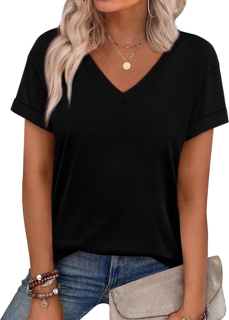 WEESO Womens T Shirts Short Sleeve Summer Tops Cute V Neck Casual Blouses (X-Large, Plain Black)