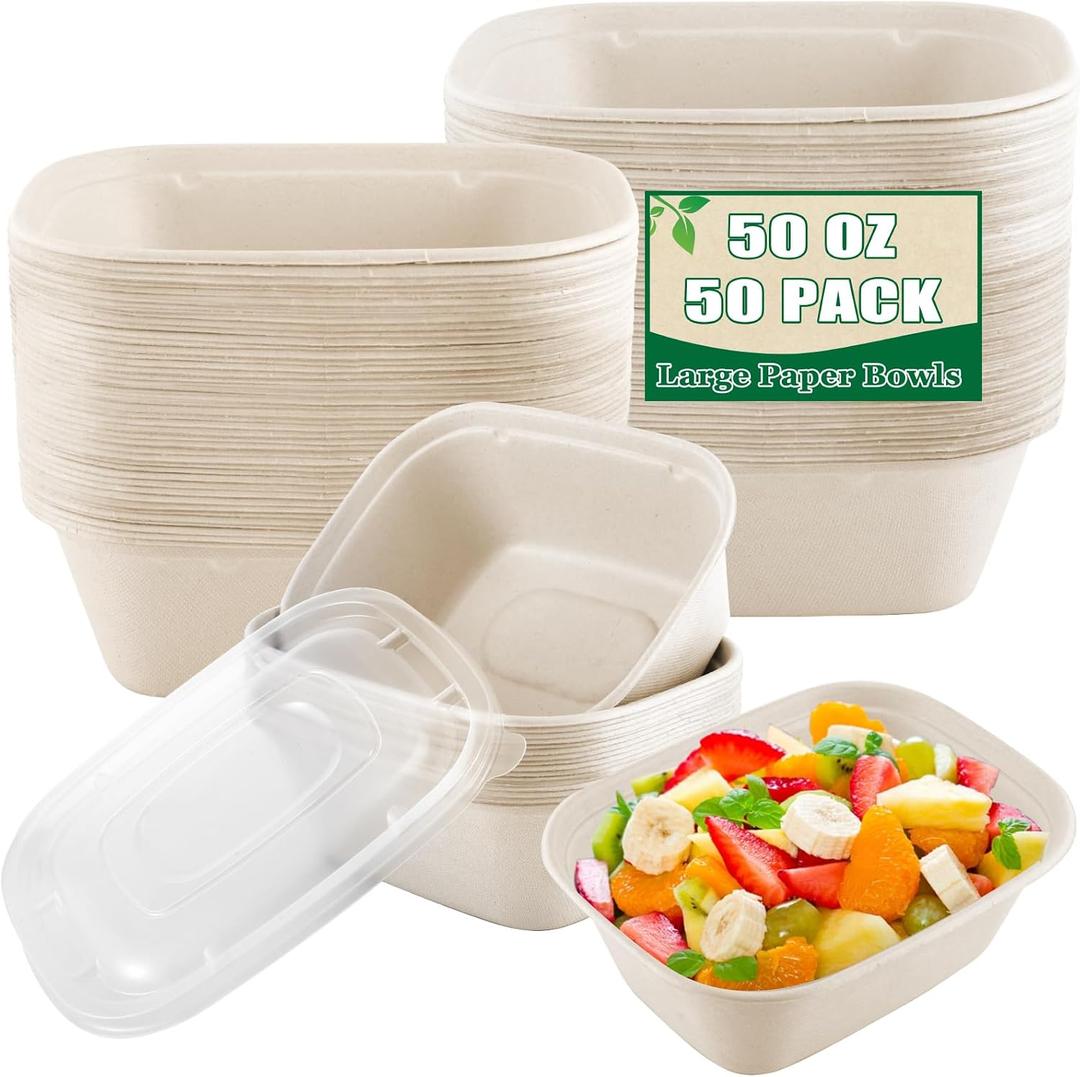 50 Pack Large Paper Bowls with Lids, 50 OZ Paper Take Out Food Containers, Heavy Duty Disposable Bowls Bulk for Hot/Cold Use, Leakproof and Microwave Safe for Hot/Cold Use