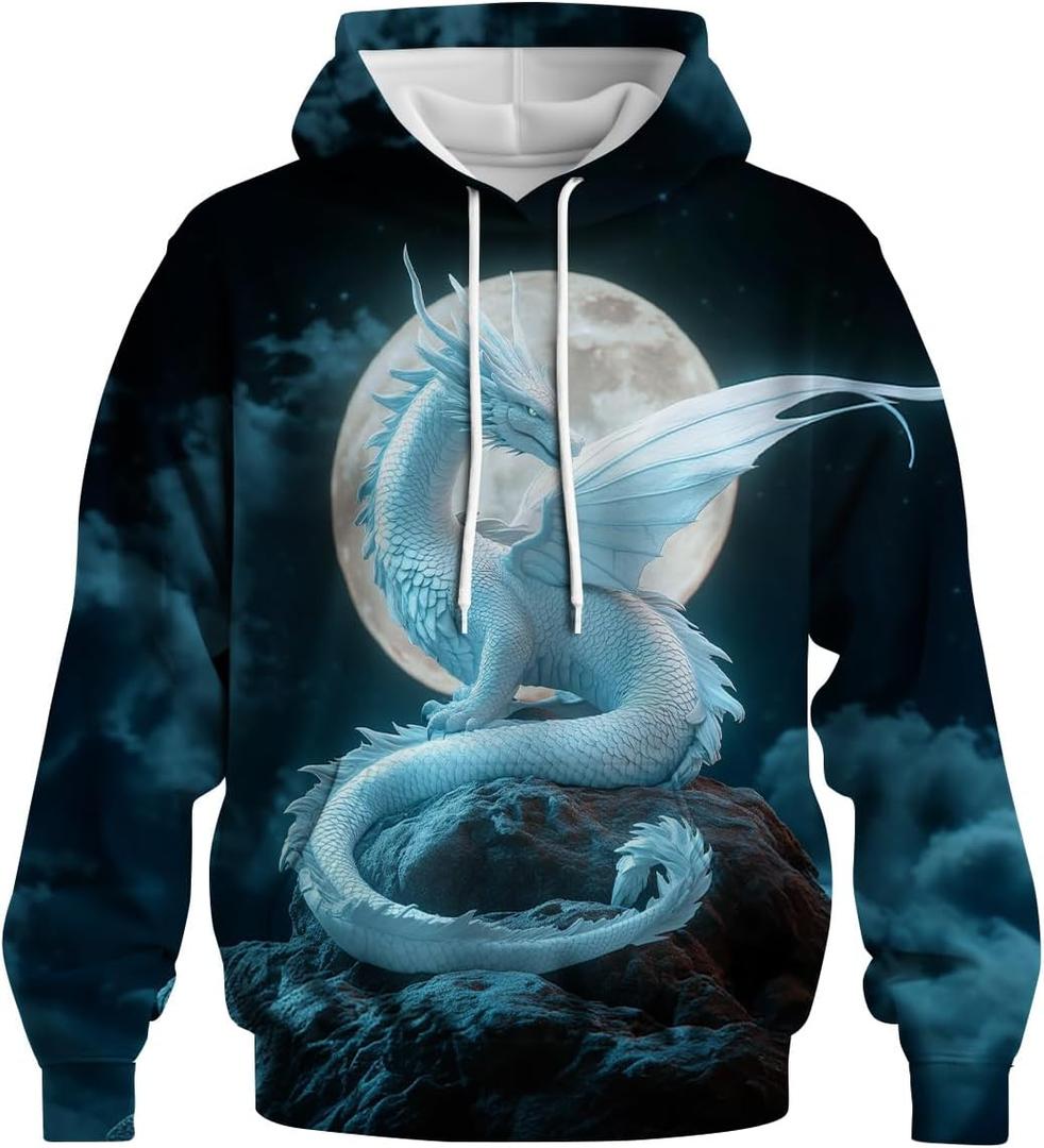 Novelty Long Sleeve Hoodie Funny Fashion Dragon Print Sweatshirts (XX-Large, White)