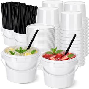 SiliFine 100 Pack Plastic Rum Buckets for Drinks, 17 OZ Cocktail Buckets with Lid and Straw, Reusable Smoothie Bucket, Ice Cream Pails for Halloween Football Parties Bar
