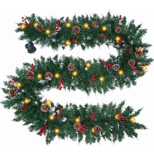 HUAESIN 9FT Pre-lit Christmas Garland, Prelit 50 LED Battery Operated Lighted Xmas Garlands, 8 Lighting Modes - Red Berry & Pine Cone Decor - Ideal for Stairs Front Door Fireplace Christmas Decor