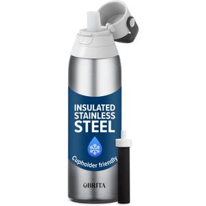 Brita Stainless Steel Premium Filtering Water Bottle, BPA-Free, Reusable, Insulated, Replaces 300 Plastic Water Bottles, Filter Lasts 2 Months or 40 Gallons, Includes 1 Filter, Stainless - 20 oz.