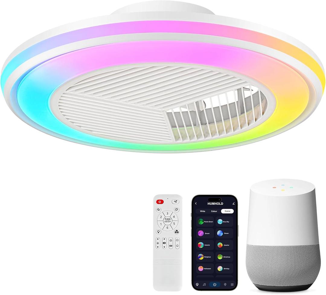 20 Inch Bladeless Ceiling Fan with RGB Light, Kids Ceiling Fan with Lights, Flush Mount Ceiling Fans with 6 Speeds, Timer, Quiet DC Motor for Modern Living Room/Bedroom/Paty/Game