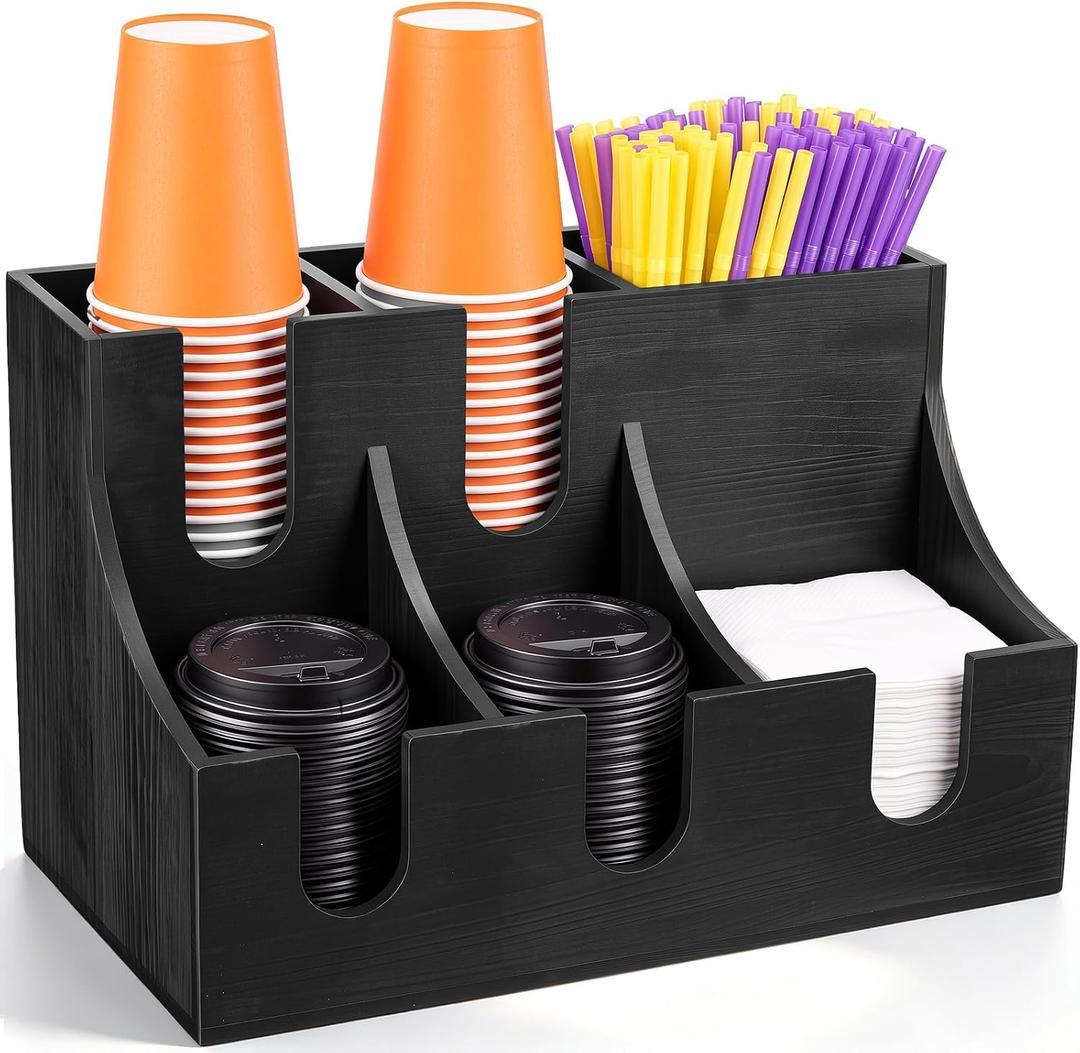 Leinuosen Pine Wood Cup and Condiment Organizer, Large Breakroom Restaurant Coffee Drink Station Organizer, 6 Compartments for Disposable Cups, Lids, Tea, Sugar, Stirrers, Napkins, 13.6 x 8.8 x 9 in