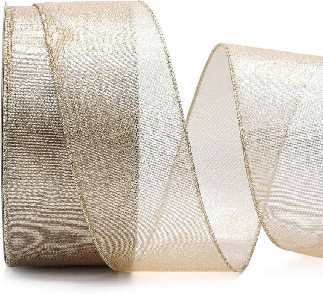 ALTIER 2.5 Inch x 40 Yards Champagne Gold Metallic Wired Ribbon for Christmas Home Decoration Gift Wrapping Bow Making Wreath DIY Crafts
