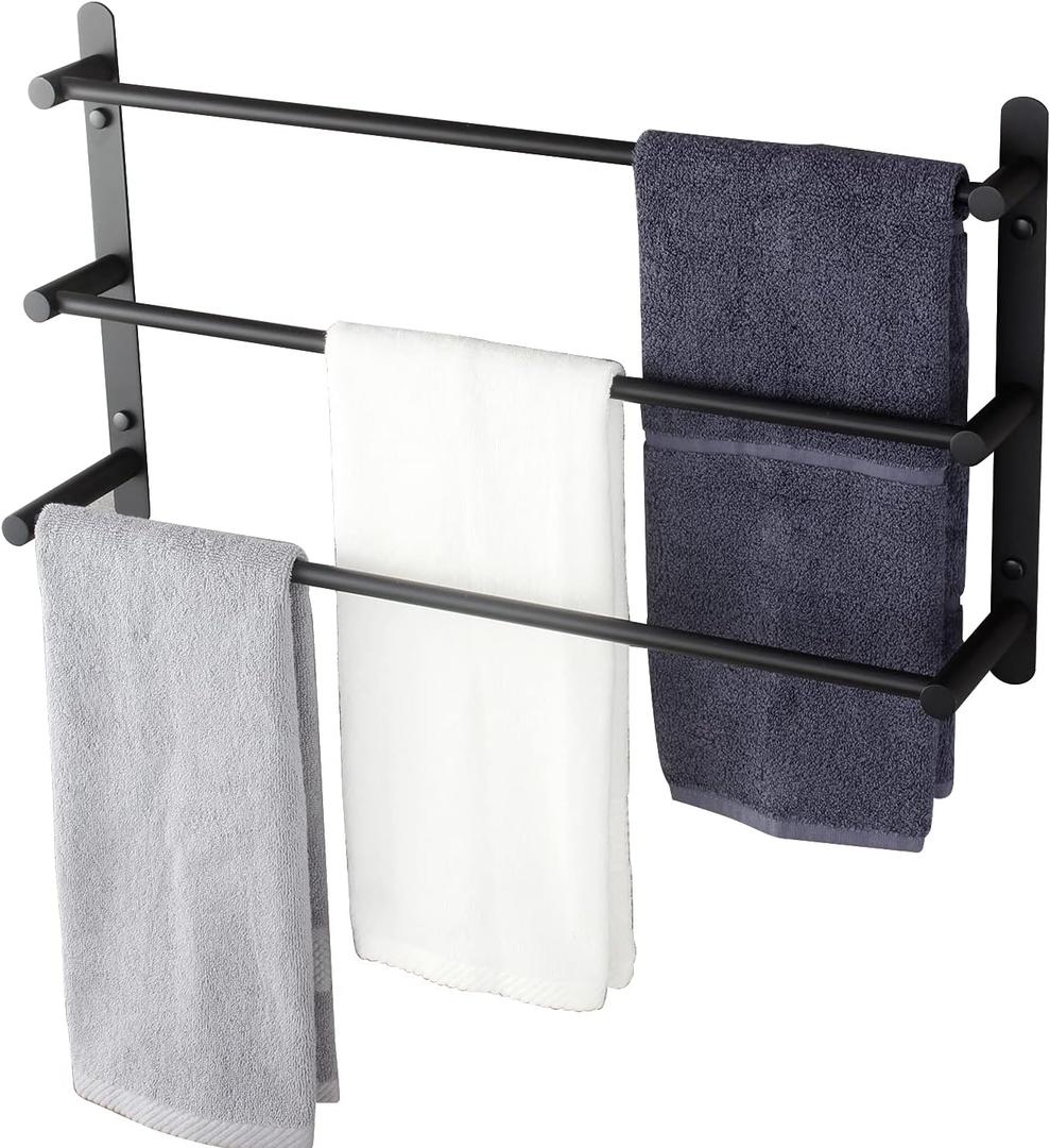 KOKOSIRI Bath Towel Bars Matte Black Bathroom 3-Tiers Ladder Towel Rails Wall Mounted Towels Shelves Rack Stainless Steel, B5002BK-L24