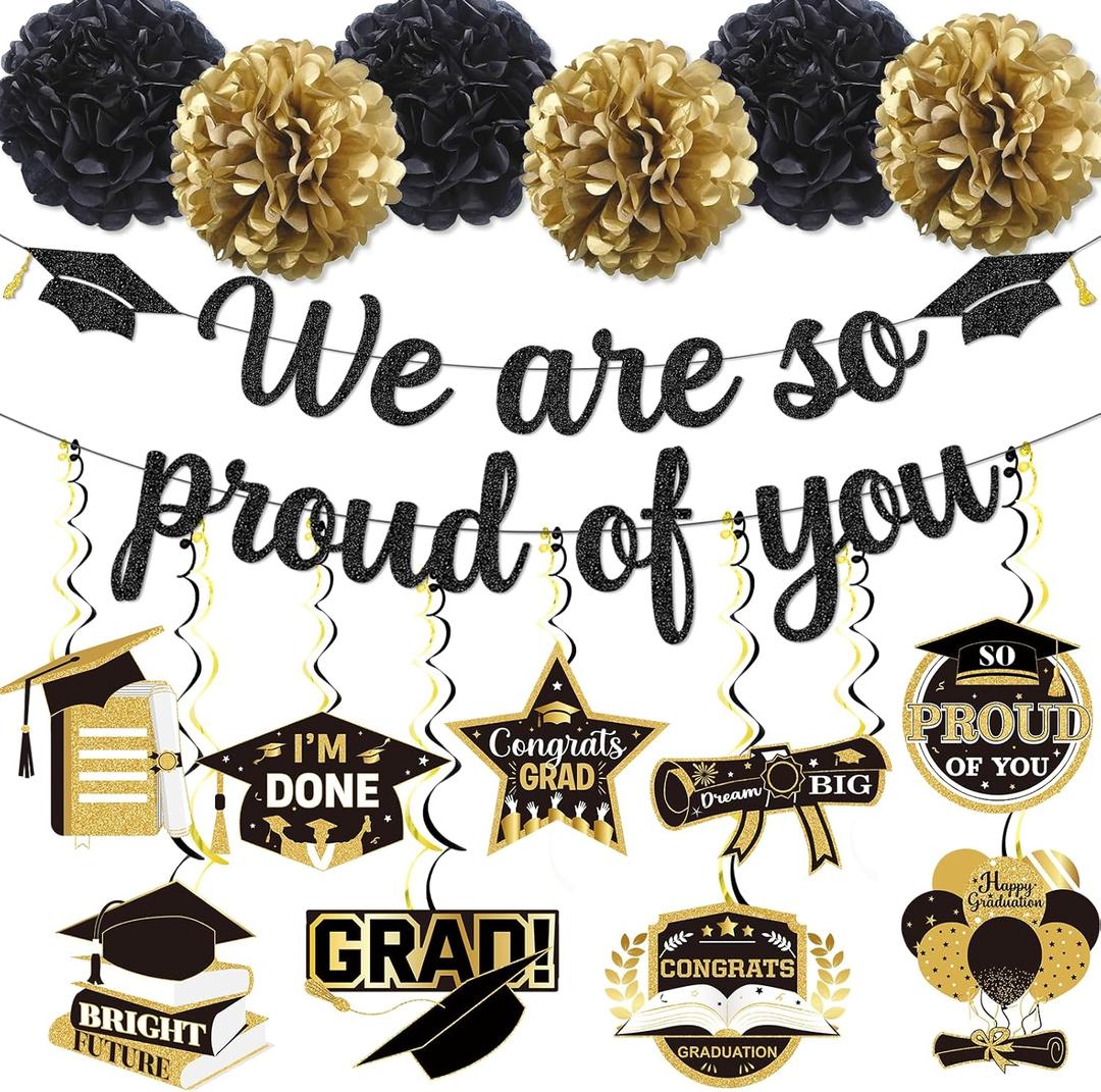 Black and Gold We Are So Proud Of You Banner Congratulations Banner Graduation Decorations 2025 You Did It Graduation Grad Party Decorations 2025