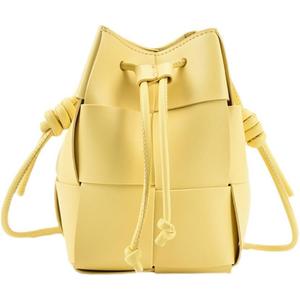 Women's Mini Woven Bucket Bag, Square Lattice Drawstring Leather Small Hobo Handbag Crossbody Handbags Soft Adjustable (Yellow)