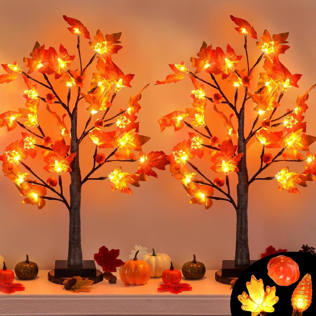 2Pack 24 Inch Prelit Maple Tree Fall Thanksgiving Decor with 48 LED Timer Battery Operated, Lighted 3D Acorn Maple Lampshade Pumpkin Artificial Tabletop Tree Thanksgiving Table Decorations Home Indoor