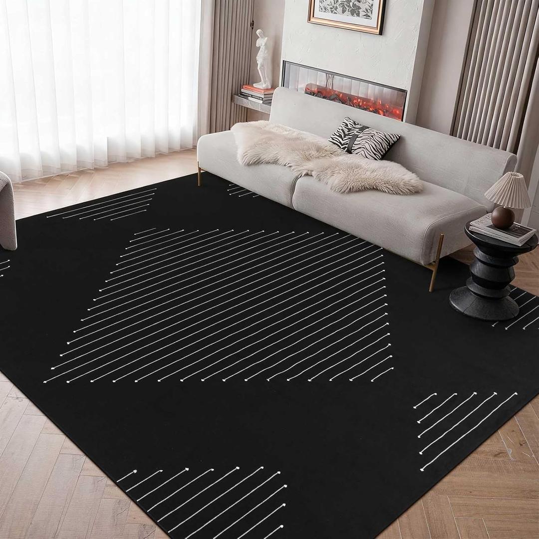LIVEBOX Boho Black Area Rug 8 x 10 for Living Room, Bedroom Washable Moroccan Cotton Rugs, Large Carpet Thin Indoor Floor Rug for Dining Room, Home Office