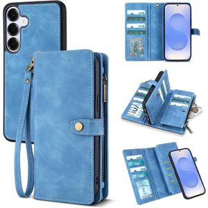 TwoHead for Samsung Galaxy S25 Wallet Case with Card Holder, Detachable Magnetic Phone Case for S25,PU Leather All-Round Protective Phone Case Wallet with Wrist Strap(6.2 in,Sky Blue)