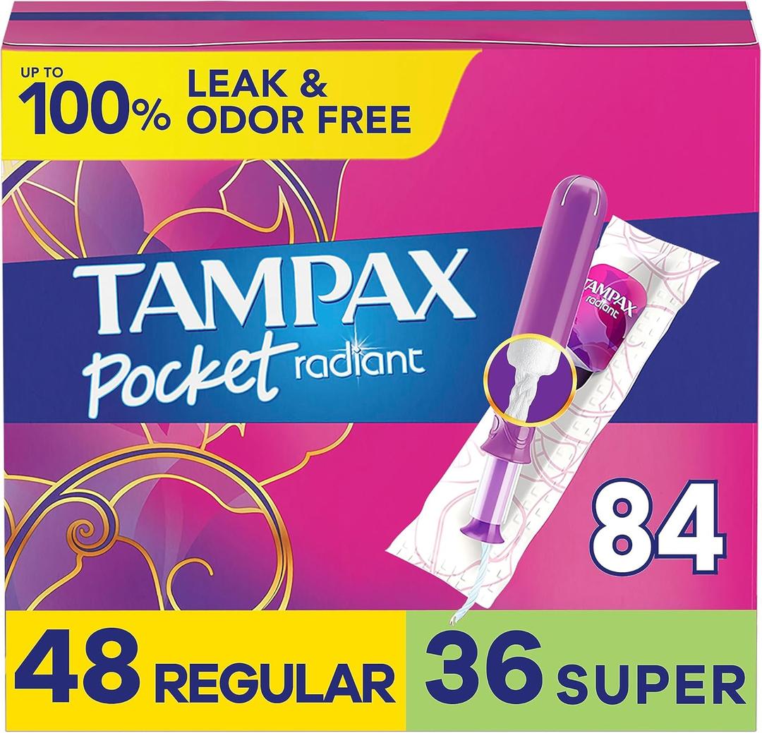 Tampax Compact Radiant Tampons for Women Multipack, with LeakGuard Braid & Extendable Applicator, Regular/Super Absorbency, Unscented, 84 Count (3 Packs of 28)