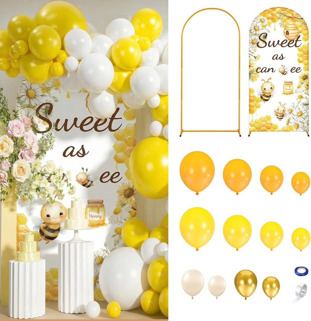 148 Pcs Sweet As Can Bee Baby Shower Decorations Balloon Metal Arch Backdrop Stand and Cover Set Decor Yellow and Gold Balloon Arch Kit Bee Baby Shower Gender Reveal Birthday Party Supplies