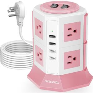 NVEESHOX Surge Protector Power Strip Tower, 10 Feet Ultra Flat Extension Cord with 12 AC Outlets 5 USB Ports(2 Type C), Desktop Charging Station, Flat Plug Outlet Extender for Home Office Dorm (6.5 FT, White-Pink+4USB+6.5FT)