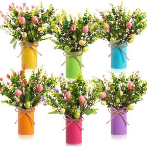 Riceshoot 6 Sets Spring Easter Table Centerpiece Decor 12 Easter Artificial Flower Picks with 6 Metal Pots 12 Eucalyptus Egg Stems Twig Branches Sprays with Berries for Home Arrangement(Mixed Color)