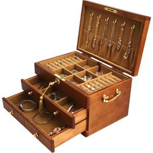 Wooden Jewelry Box with Lock and Key for Women, 2 Drawers Medium Size Real Natural Wood Lockable Antique Organizer with Large Storage, Ring Compartments, Built in Necklace Hooks (Brown)