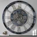 30 Inch Industrial Steampunk Wall Clock, Gray, Battery Operated, Real Rotating Gears, Solid Wood Frame, Oversized Wall Clock for Living Room Decor, Gray