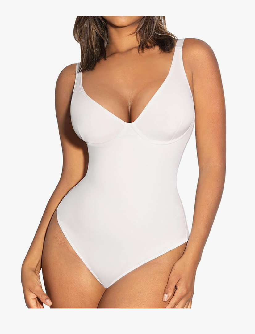FeelinGirl Shapewear Bodysuits for Women Tummy Control Body Suits Deep V Neck Thong Body Shaper, Size:L